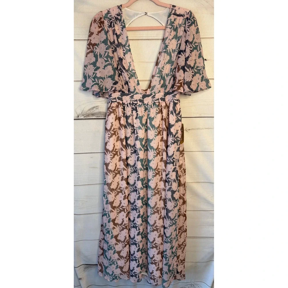 O.P.T. Floral Maxi Dress Pink Teal Deep V-Neck Cutout Back Flutter Sleeve Size M